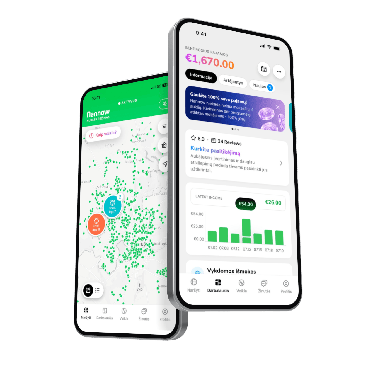 Nannow app: sitter earnings dashboard and job map